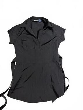 Cotton Express Y2K Black Fitted Office Siren Tie Back Blouse Size M